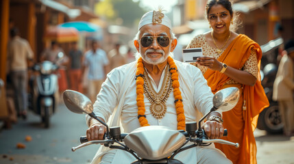 A man and woman riding on the back of a motorcycle with a credit card