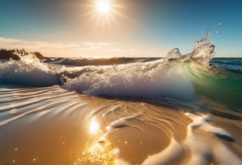 iridescent waves gracing tranquil coastlines gentle crashes shimmering reflections under brilliant sunlight, beach, ocean, shoreline, surf, water, sea
