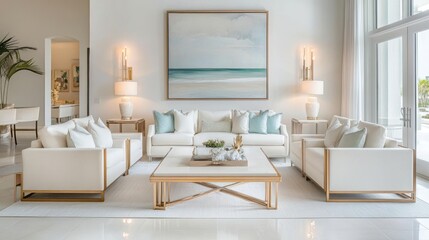 Fototapeta premium Modern Living Room with White Sofa and Gold Accents