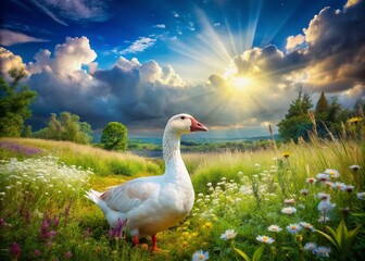 Obraz premium Serene Landscape with White Goose in Lush Meadow Under Bright Sky - Tranquil Nature Scene for Wildlife Photography Enthusiasts