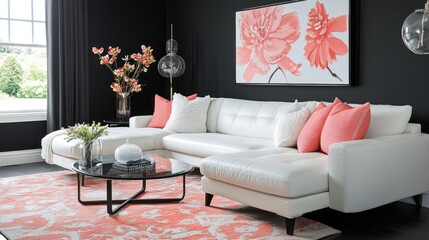 Modern Living Room with White Sectional Sofa and Floral Artwork