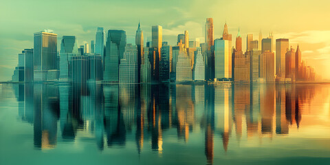 Manhattan Mirage: Serene Sunset Reflection of the New York City Skyline 