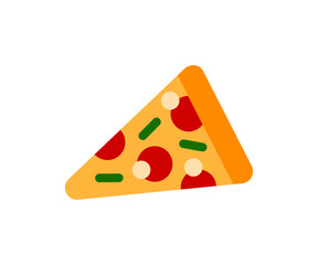 A slice of pizza with sausage and cheese and herbs. Color cartoon flat style. White background. Vector element for the design of delicious fast food.