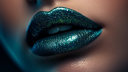 Artistic extreme close-up of emerald green lips, matte and flawless with a velvety texture, illuminated with even, studio lighting, capturing the vividness of the color and subtle surface details,