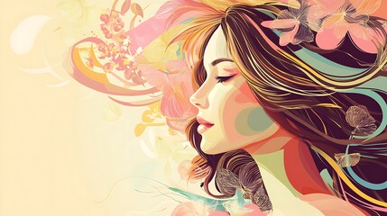 Woman with Closed Eyes Surrounded by Floral Patterns