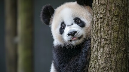 Obraz premium A cute panda bear peeking from behind a tree trunk.