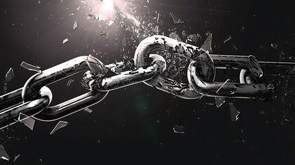 A chain is broken into pieces, with the chain links scattered all over the image