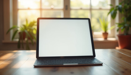 Fototapeta premium Modern Laptop on a Wooden Table by the Window