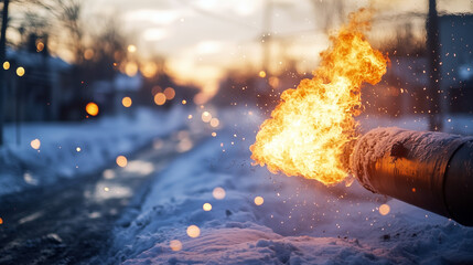 Gas pipe bursts in outdoor setting during winter, creating flames alongside snowy street at dusk
