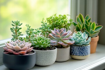 Fototapeta premium Variety of colorful succulents thriving on a bright windowsill, adding a touch of nature to home decor