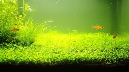 Obraz premium A freshwater aquarium with green plants and small orange fish swimming in the water.