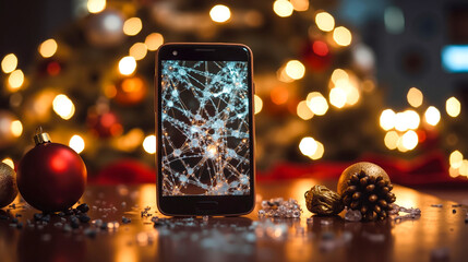 A cell phone sitting on top of a table next to a Christmas tree