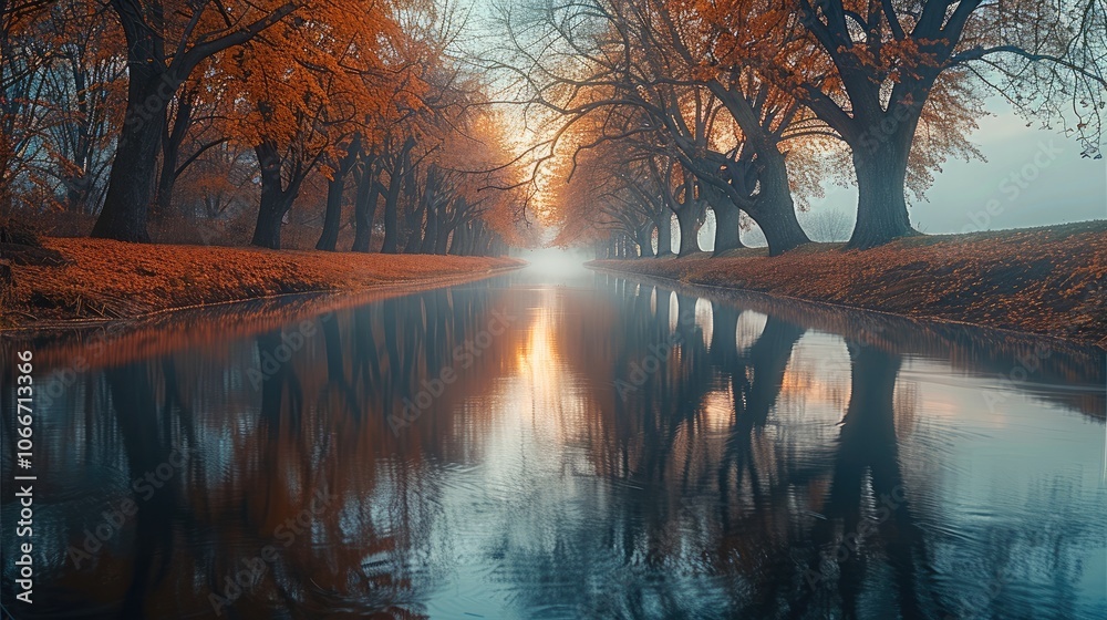 Aufkleber a classic line of trees by the river in autumn, curved branches reached towards the surface of water