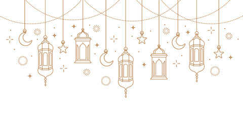 illustration of islamic lantern hanging line art decoration.crescent and star outline decoration.lantern hanging horizontal border frame banner design. islamic greeting card or poster design decoratio