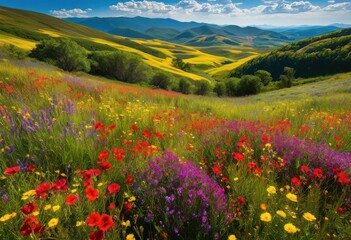 Fototapeta premium vibrant wildflowers blooming under clear blue sky lush green landscape, bloch, flora, blossom, petal, nature, garden, field, scenery, greenery, meadow