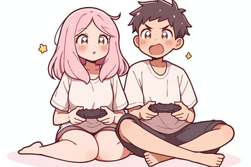 Cute Anime Couple Playing Video Games Together