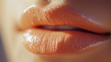 Fototapeta premium Artistic extreme close-up of peach lips, matte and velvety with a slight shimmer, highlighted by soft, warm light for a smooth, radiant look, capturing fine details and subtle sparkle,