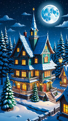 fairy house and Christmas tree. winter village landscape for winter and New Year holidays. Festive winter landscape. poster, banner, flyer, background