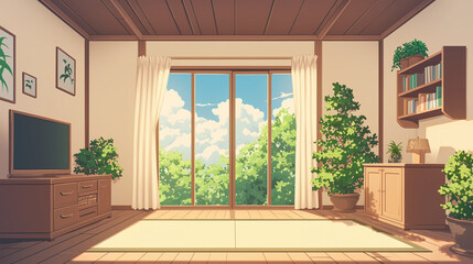 Fototapeta premium Japanese Style Living Room with Large Window and Sunlight