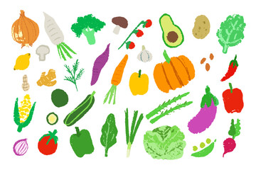 Crayon, oil pastel texture of vegetables.  Fun cute kid,  colorful doodle set badge, scribble line, children draw style design elements of tomato, carrot, garlic, peanut, garbage, eggplant, asparagus