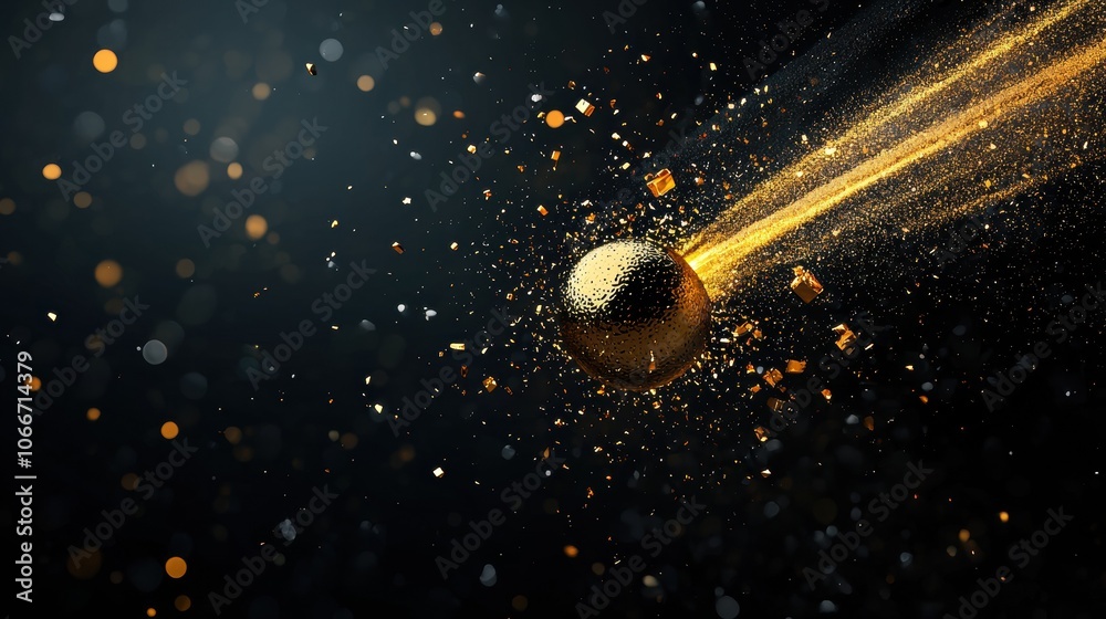 Poster a golden sphere speeds through space leaving a trail of glittering particles in its wake