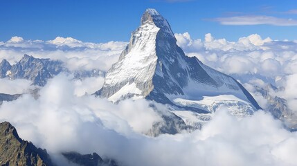 A majestic snow-capped mountain peak rises above a sea of clouds, creating a breathtaking landscape.