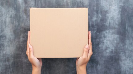 Two hands grasp an empty cardboard box, showcasing its unmarked surface against a muted gray backdrop
