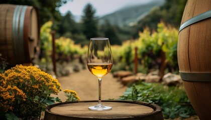 Chardonnay Dreams A Glass of Fine Wine Stands Amidst the Vineyards, Framed by Oak Barrels