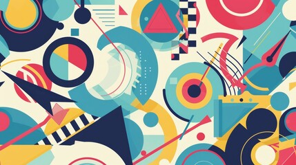 Vibrant abstract design showcasing a dynamic interplay of geometric shapes like circles, triangles, and squares with colorful patterns and lines creating movement and depth