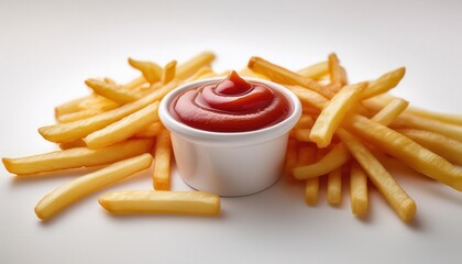 Crispy Golden French Fries Arranged Around a White Ceramic Dish Filled with Smooth, Swirled Ketchup. Ideal for Fast Food Advertisements, Restaurant Promotions, Food Blogs, and Menu Designs