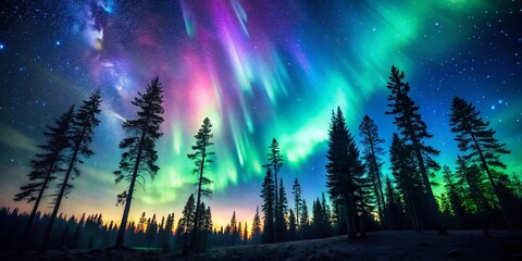 Naklejka premium Silhouette of Pine Trees Under a Starry Night Sky with Aurora Borealis - Urban Exploration Photography, Nature, Nightscape, Landscape, Forest, Stars, Aurora, Scenic View, Outdoor Adventure