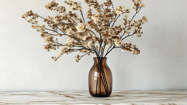 A brown vase with dried white flowers sits on a marble countertop