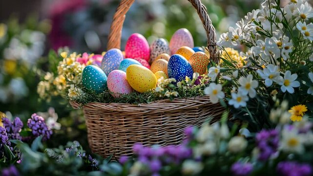 Colorful easter egg basket in a flower garden - perfect for seasonal decor or spring celebrations