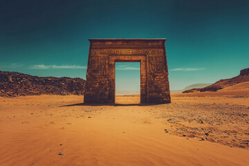 Teleport in the desert,Another location is visible through the door in the desert, door in the...