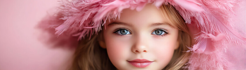 Naklejka premium Little girl in pink feathered hat, soft smile, light pink background, fantasy princess look
