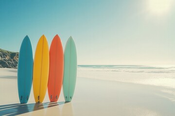 Four colorful surfboards standing upright on a pristine sandy beach on a sunny day, ready for surfing