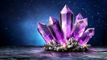 Glowing Purple Crystals on Dark Background Mystical Gemstones Magical Energy