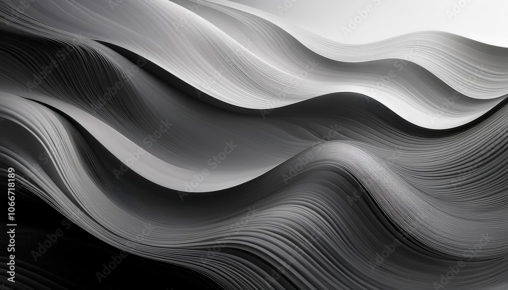 Aufkleber Abstract Metallic Waveforms with Precision Line Texture. Smooth, Curved Metallic Surfaces in Black and White. Perfect for Technology, Minimalist Backgrounds, and Modern Art Concepts