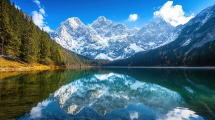 Snow-Capped Mountains Reflected in a Crystal Clear Lake Under a Bright Blue Sky