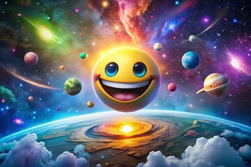 Naklejka premium Smiling Emoticon on Earth: A Playful Perspective of Happiness and Connection in the Universe – Conceptual Photography of Joyful Expression, Planetary Imagery, and Digital Art Fusion