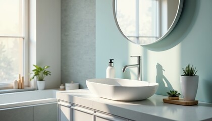 Fototapeta premium Serene Bathroom Scene with Modern Sink and Stylish Accessories.
