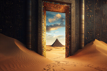 Teleport in the desert,Another location is visible through the door in the desert, door in the...