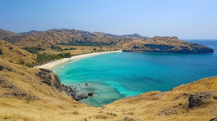 A secluded, crescent-shaped beach with crystal-clear turquoise water surrounded by dry, grassy hills and a blue sky.