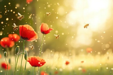 Fototapeta premium The vibrant ecosystem of poppy flowers and bees in stunning watercolor art