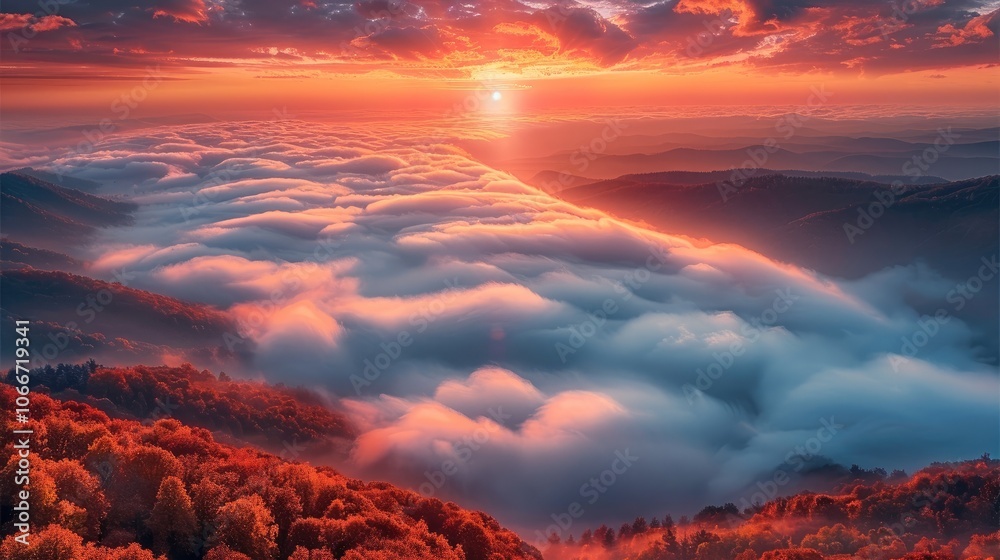 Aufkleber in the morning, there is a soft and hazy red sun in the clouds on the horizon. golden clouds and whi