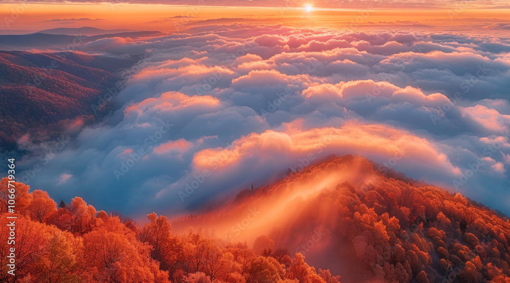 Aufkleber in the morning, there is a soft and hazy red sun in the clouds on the horizon. golden clouds and whi