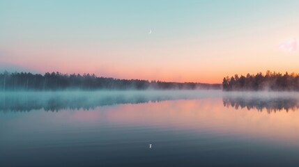 Fototapeta premium Soft mist rises over a calm lake as a crescent moon hangs in the twilight sky, creating a serene evening atmosphere