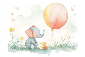 Obraz premium Adorable Elephant and Puppy with Balloon in Watercolor Meadow. Watercolor Nursery Art.