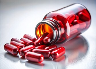 Spilled Red Pills from Open Bottle on White Background - Vibrant Pharmaceutical Product Photography for Health and Wellness, Medicine, Supplements, and Vitamins