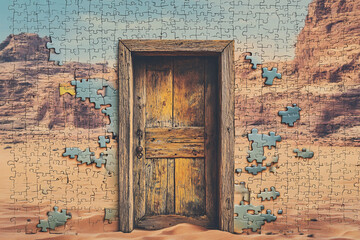 Teleport in the desert,Another location is visible through the door in the desert, door in the desert
